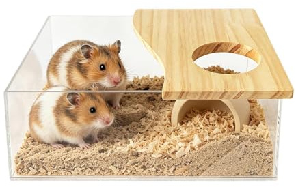 Baño de para hámsters Acrílico Transparente con Madera | Baño Grande para Hámster para Parque Juegos, Aseo, Limpieza, Juego, Exploración, Escondite, Sueño y Viaje con Jerbo