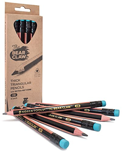 KOALA TOOLS | Bear Claw Pencils 1-Pack (6 Pencils) - Fat, Thick, Strong, Triangular Grip, Graphite, 2B Lead with Eraser - Suitable for Kids, Art, Drawing, Drafting, Sketching & Shading