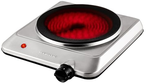 OVENTE Countertop Infrared Single Burner, 1000W Electric Hot Plate w/ 7.5” Ceramic Glass Cooktop, 6 Level Temperature Setting & Easy to Clean Base, Compact Stove for Home Dorm Office, Silver BGI201S