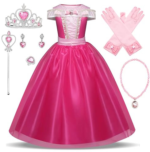 New front Fille La Belle au Bois Dormant Robe de Princesse Aurore Accessoires Baguette Couronne Bague Collier Déguisement Tulle Maxi Noël Carnaval Halloween Cosplay Robe de Soirée, Rose, 120