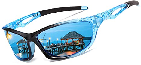 Long Keeper Occhiali da Sole Sportivi polarizzati per Uomo Donna Protezione UV400 Occhiali Sportivi Per Running Montagna Pesca Bici Tennis Montatura Leggera (Nero Blu)