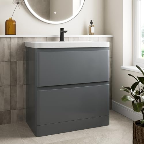 Affine® 800mm Vanity Unit Wash Basin Sink Bathroom Floor Standing Storage Cabinet Cupboard Cloakroom, Soft Close Drawers, Grey Gloss