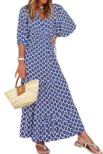 miduo Vestido largo casual de verano con cuello en V y media manga con patrón geométrico bohemio para mujer