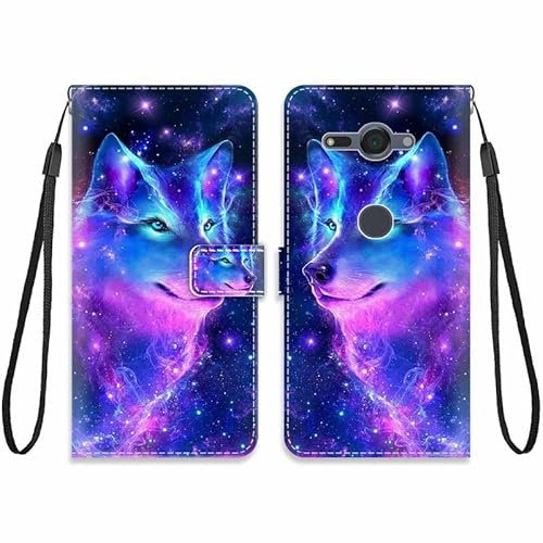 KARTXITAI Hülle Kompatibel mit Sony Xperia XZ2 Compact,Leder Handyhülle mit Kartenfach Geld Slot Ständer PU Ledertasche Wallet Flip Magnetische Muster Schutzhülle-Wolf,bunt