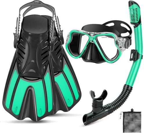 PIYAZI Snorkeling Gear for Adults, 4 in 1 Adult Snorkel Set with Panoramic View Snorkel Mask, Dry Top Snorkel, Adjustable Short Fins and Travel Bag, Snorkel Set with Fins for Snorkeling Diving