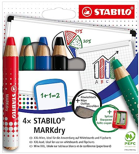 STABILO - Whiteboard- und Flipchartmarker - MARKdry - 4er Pack mit Spitzer und Abwischtuch - in vier verschiedenen Farben