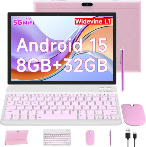 Android 14 Tablet, 25,4 cm (10 Zoll), 2-in-1-Tablets mit Tastatur/Maus/Hülle/Eingabestift, 8 GB RAM + 64 GB ROM/1 TB, Erweitern Tablet, 1,8 GHz Quad-Core-Prozessor, HD-Touchscreen von