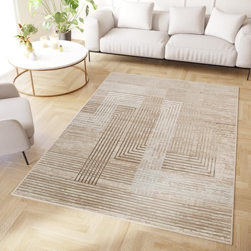 TAPISO Crystal Tapis Poils Courts Moderne Beige Marron Crème Blanc Motif Lignes Effet 3D Brillant Doux Tapis Salon Chambre Adulte Salle à Manger Oeko-TEX 120 x 170 cm
