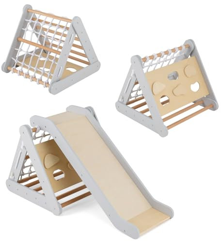 COSTWAY 4 in1 Set Arrampicata per Bambini, Triangolo Arrampicata Bambini con Scivolo, Giocattoli da Arrampicata in Legno con Rete, Carico 50kg, 1 Anni+ (Grigio)