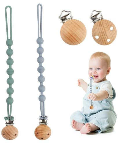 2Pcs Silicone Pacifier Clips, One Piece Soother Chains with Two Replacement Clips, Food Grade Silicone Dummy Clips, Pacifier Teether Holder Straps, Baby Toy Anti Drop Chain for Pacifier or Teether Toy