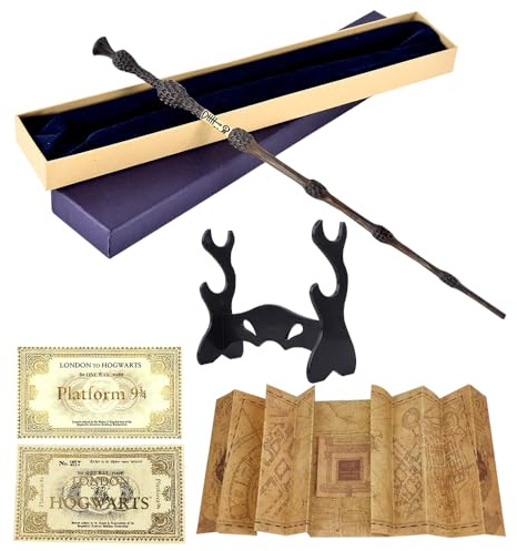 CJBIN Baguette Dumbledore, 37CM Baguette de Sureau avec Noyau Acier, Dumbledore Baguettes Boîte Cadeau avec Carte, Billet et Support de Bbaguettes Noire