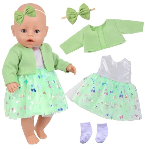 Abbigliamento Vestiti per bambole da 14 a 18 pollici, vestiti per bambole 35-43 cm, gonna in tulle verde e cappotto, calze e fascia, vestiti per bambole per neonati verde chiaro, vestiti per bambole