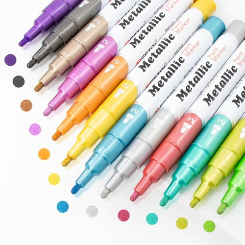 BONACE Marcadores de pintura acrílica metálica de 12 colores, puntas dobles de fibra resistentes al agua, de secado rápido, no tóxicos, ecológicos, seguros para niños, para diarios/pintura de roca