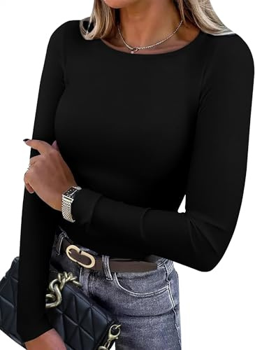 WIHOLL Long Sleeve Tops Women Light Fleece Crewneck Slim Fitted Thermal Undershirts Casual Basic Tee T Shirts for Women UK Black L