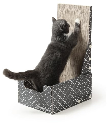 Hide & Scratch Cardboard Cat Scratcher Box & Bed - Dark Grey Diamond (Vertical L-Shaped) | Double-Sided Corrugated Pad for Indoor Cats | Refillable Scratching Board Toy for Play & Furniture Protection