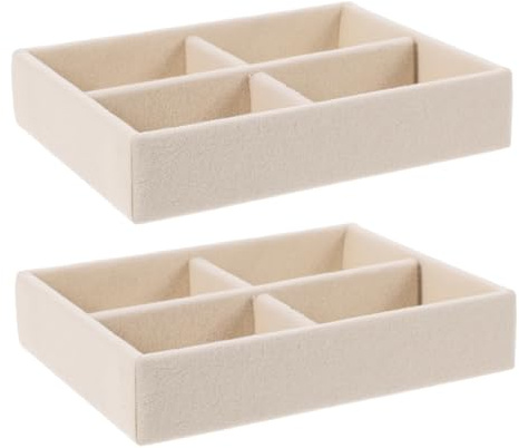 AKOOSY Bandejas Apilables para Joyas de Tela Beige, Organizador de Pendientes y Anillos Múltiples Compartimentos y Diseño Compacto para Exhibición Hogar, Paquete de 2 Piezas