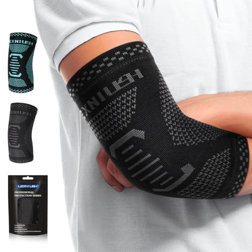 Lexniush Elbow Support for Men Women, Tennis & Golfers Elbow Brace for Tendonitis, Arthritis, Joint Pain Relief, Elbow Compression Sleeves for Weightlifting, Sports, Fitness, Golf, Gym Black Grey XL