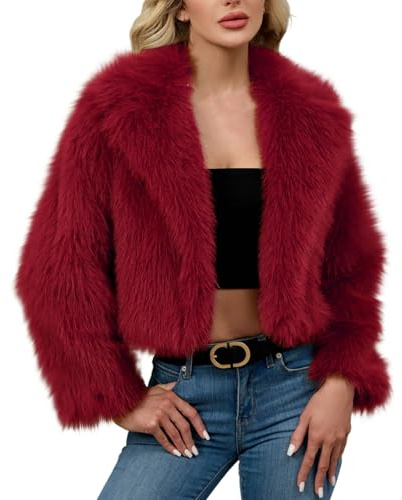 Womens Faux Fur Cropped Coat Luxury Lapel Long Sleeve Fleece Jacket Plush Open Front Cardigan Windproof Outwear Coats Winter Warm Super Soft Thick Short Jackets Parka Fluffy Top Solid 8 10 12 14 16 18