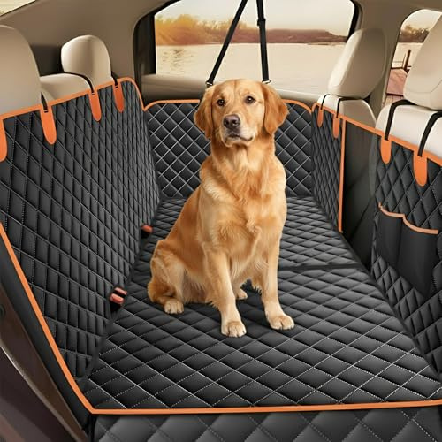 SPRIGLY Waterproof Dog Car Hammock Seat Cover, 600D Oxford Back Seat Protector with Mesh Viewing Window, Non-Slip Backing, Storage Pockets, Scratch Resistant, Universal Fit 135 × 148 cm, Black/Orange