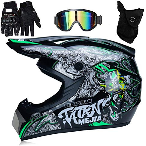 MasYosh Casco de Motocross Profesional para Niños y Adultos con Gafas, Guantes y Cubierta Facial – Casco de Moto Off-Road, Ligero y Resistente a Impactos, Forro Extraíble, Diseño (XL (61-62cm))