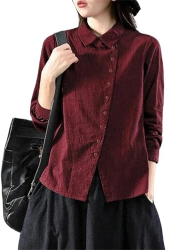 Women’S Plaid Checked Lapel Neck Long Sleeve Blouse Shirt Top Red XXL