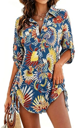 Koerye Vestidos de Playa Mujer Camisolas de Playa Bikini Cover Up Cuello en V Camisa Suelto de Manga Larga Casual Blusa con Botón para Verano Traje de Baño