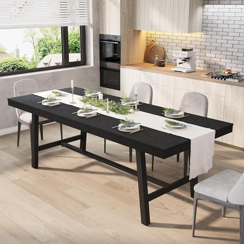 GarveeHome 63-83 Extendable Dining Table, Industrial Rectangular Dining Room Table for 6-8 People, Expandable Kitchen Table with Heavy Duty Metal Frame for Dining Room, Kitchen & Parties, Black