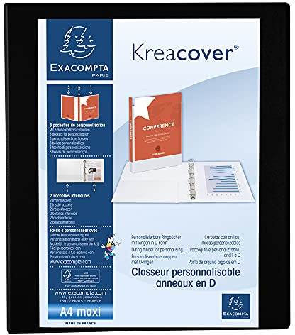 Exacompta - ref. 51842NE - 1 customizable rigid opaque binder with 3 pockets - 4 D-rings of 30 mm - Spine 47 mm - External dimensions: 32 x 27.7 cm - Format to be filed A4 Maxi - Colour: black