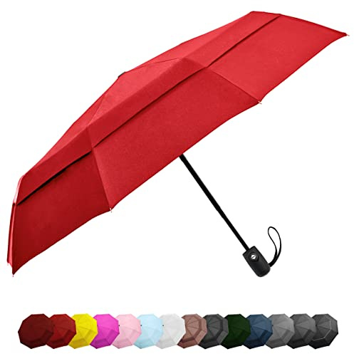 EEZ-Y Travel Umbrellas for Rain - Wind Resistant w/Open Close Button - Red
