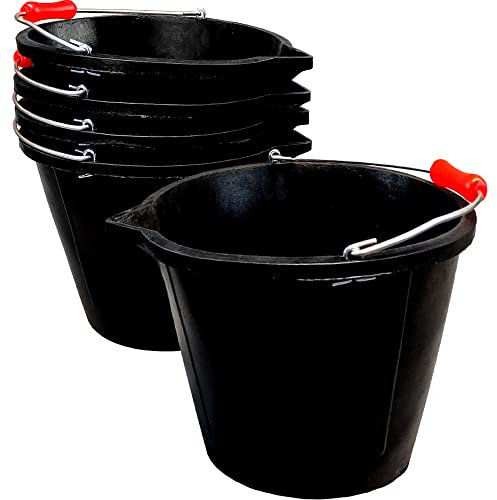 14L Black Flexible Bucket Heavy Duty Black Rubber Builders Bucket 3 Gallon 14 Litre Water Mixing Storage Strong Handle and Spout Ideal for Construction Trade, Animal Feed - Pack of 5