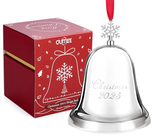 Christmas Bell 2025, Annual Silver Bell Christmas Ornaments for Tree Hanging Decorations, Metal Holiday Bells for Xmas Tree Decor with Ribbon & Gift Box