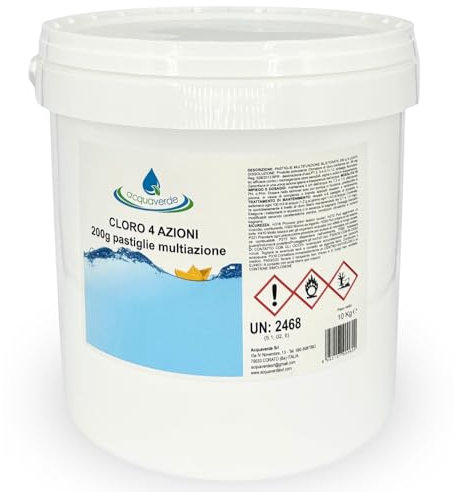 acquaverde | Cloro 4 AZIONI in Pastiglie da 200 grammi - 10 kg di Multiazione per Piscina, Trattamento Multifunzione: Clorante, Antialghe, Stabilizzante del Ph e Flocculante per Acqua di Piscine