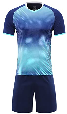 ranrann Fotbollsset pojke barn träningsoverall sport shorts och t-shirt kortärmad fotbollsklädsel torkar snabbt träning fot 5–14 år, Marinblå, 11-12 ans
