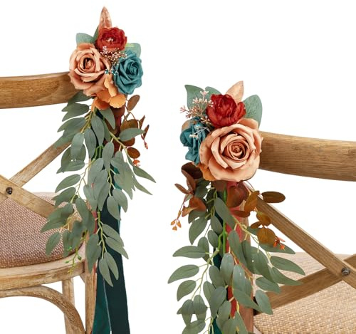 Ling's moment 8pcs Wedding Artificial Aisle Pew Flowers Chair Decorations Arrangements with Chiffon Ribbons Burnt Orange for Ceremony Chair Back Floral Decor Reception Church Party Outdoor