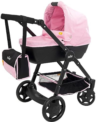 Joie Junior Mytrax Dolls Pram | Single Pushchair With Detachable Carry Cot | Includes Matching Changing Bag & Under Seat Storage | Travel System In Black & Pink With Adjustable Handle Height | Ages 3+