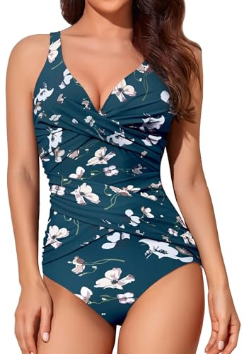 Smismivo Tummy Control Swimsuits for Women Slimming One Piece Bathing Suit Modest Padded Ruched Push Long Torso Curvy Shapewear V Neck Criss Cross Swimming Full Coverage Swimwear (Dark Green Floral)
