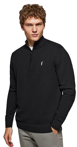Polo Club Jersey Negro con Cierre de Media Cremallera y Cuello Alto - Jersei con Logo Bordado para Hombre - Suéter Manga Larga 100% algodón