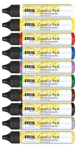 Kreul 49798 - Set di 10 Penne per Candele - 10 x 29 ml, Punta fine, Colore con Cera d'api per Decorare e dipingere Le Candele