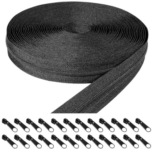 Luckwaii Endlos Reißverschluss Schwarz mit Zipper, 3mm 20m Nylon Reissverschluss Meterware mit 20 Schieber Reißverschluss Metall, Reissverschluss Endlos für Kleidung Tasche Mäppchen Bettwäsche