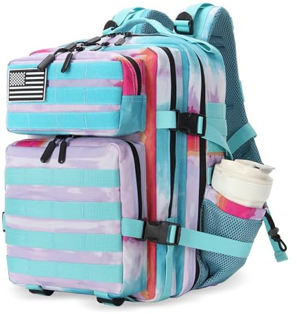 Lovelinks21 25L Tactical Military Backpack Small Travel Backpack for Men and Women Assault Pack Bug Out Bag Molle Daypack Gym Backpack with Bottle Holder (Rainbow Tie Dye)