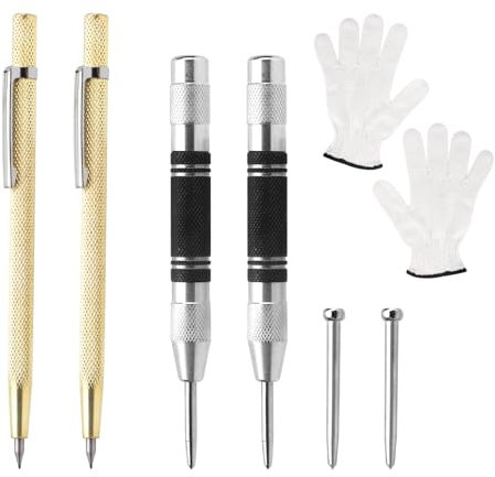 ZMDMAH 2 piezas de cuerpo automático y 2 agujas de reinicio, 130 mm, cuerpo de metal, herramienta de cuerno de resorte, punzón central, cuerno automático para metal, madera, cristal, azulejos, con 2