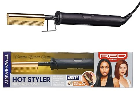 Red by Kiss Hot Comb Hair Straightener 232 Degrees, Small-Sized Teeth Electric Heating Comb, Pressing Comb Brush for Straightening Hair and Beard, Curling Iron for Natural Black Hair Beard Wigs