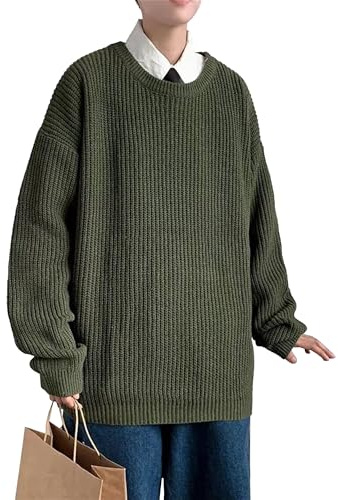 Suéter de ganchillo vintage con cuello redondo Y2K para hombre, suéter de punto de gran tamaño, verde, L