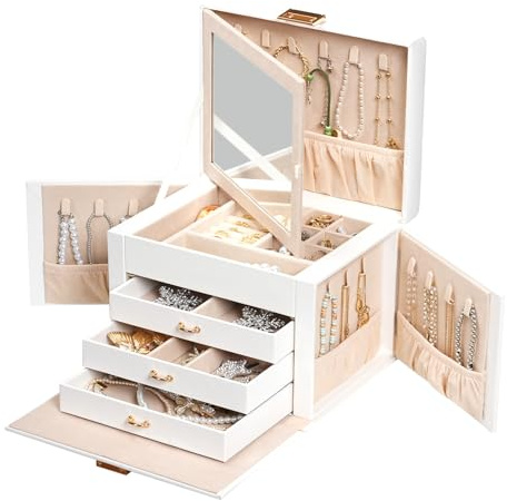 HOOBRO Joyero de 4 Niveles con 3 Cajones, Estuche Portátil para Joyas con Asa y Cierre, Organizador de Joyas con Espejo, 22,5 x 17 x 15,6 cm, Joyero para Collares, Anillos, Relojes, Blanco EWT28JB04