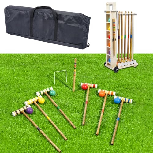 Tcatec 6 Player Croquet Set for Adults with Wooden Stand - 33.9 Inch Professional Outdoor Lawn Game Includes 6 Rubberwood Mallets & Balls, Steel Wickets - Backyard, Garden, Park Games