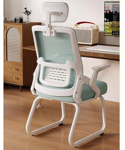Ergonomisk kontorsstol i mesh Med slädeunderrede Besöksstol for kontor Med ryggstöd Lämplig for konferensrum, sovrum, väntrum och receptioner(Green+white frame+headrest)
