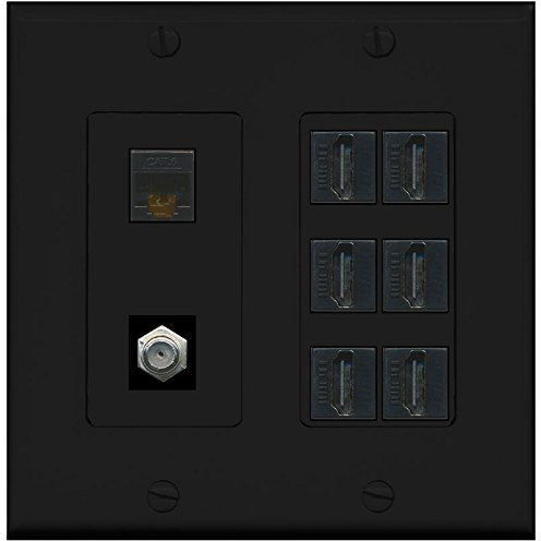 RiteAV - (2 Gang Decorative) 6 HDMI Black Coax Cat6 Wall Plate Black