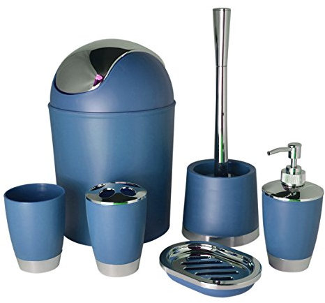 Bathlux, set di accessori da bagno con design moderno, 6 pezzi, spazzolino per WC, pattumiera, portasapone, portaspazzolino, dispenser per sapone, tazza per risciacquo Blue