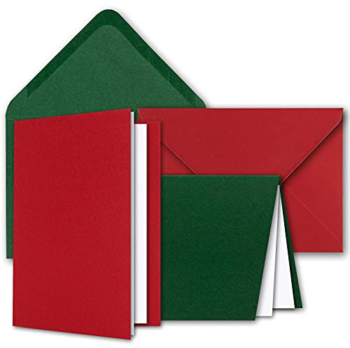 NEUSER PAPIER Kartenpaket DIN A6 + C6 in Rot und Grün - 50 Doppelkarten und 50 Briefumschläge - Mit 50 Einlege-Faltblättern - Karten mit Strukturprägung inklusive Geschenkschachtel