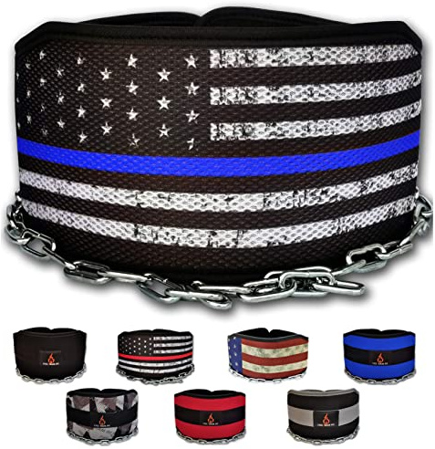 Fire Team Fit Weight Belt with Chain, Dip Belt for Weighted Pull Ups and Dips Blueline, Small (for Waist 40 Inches or Less)